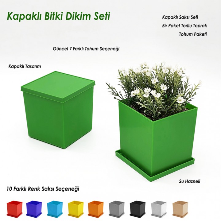 kare kapaklı promosyon bitki dikim seti tohumlu su hazneli logo baskılı eşantiyon saksı